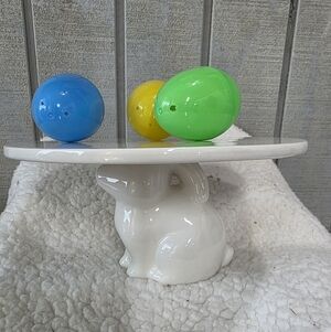 White Bunny Cake Stand with Colorful Eggs